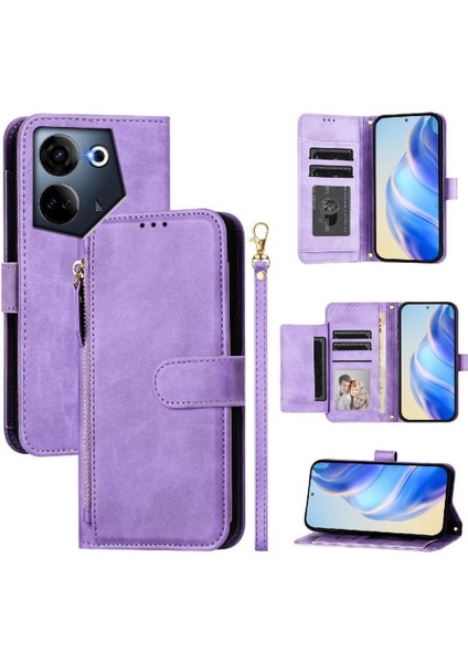 Tecno Camon 20 4g Premium Fermuarlı Deri Çapraz Askılı Uzun Askılı Cüzdan Kılıf Kapaklı Kartlıklı (Yurt Dışından)
