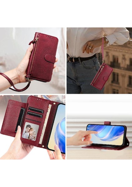 Tecno Camon 30 5g/4g Premium Fermuarlı Deri Çapraz Askılı Uzun Askılı Cüzdan Kılıf Kapaklı Kartlıklı (Yurt Dışından)