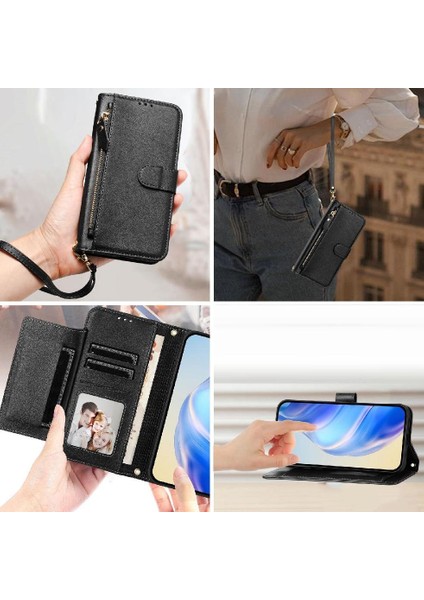 Realme 14X Premium Fermuarlı Deri Çapraz Askılı Uzun Askılı Cüzdan Kılıf Kapaklı Kartlıklı (Yurt Dışından)