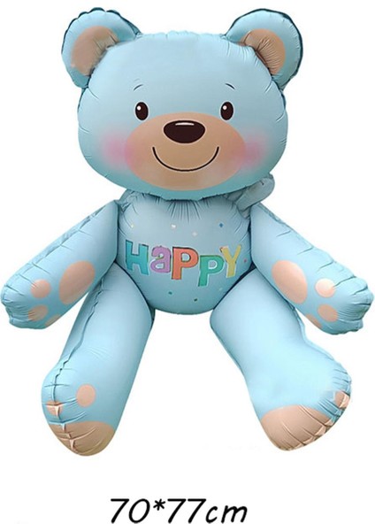 Mavi Renk Happy Yazılı Oturan Ayı Folyo Balon 77X70 cm