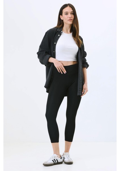 Yüksek Bel Çift Cepli Toparlayıcı Spor Tayt 9416 Siyah