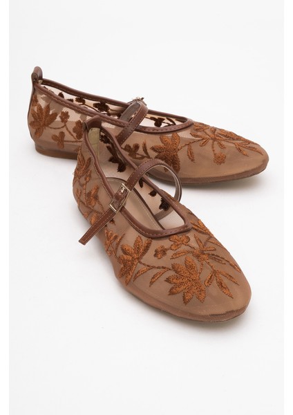 Juny Taba File Çiçek Nakışlı Kadın Babet Ayakkabı