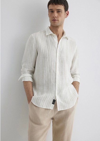 Keten Karışımlı Yeşil Çizgili Ekru Gömlek 0211525-71481 fiyatları