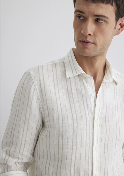 Keten Karışımlı Yeşil Çizgili Ekru Gömlek 0211525-71481 modelleri