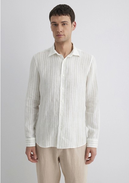 Keten Karışımlı Yeşil Çizgili Ekru Gömlek 0211525-71481 fırsatları