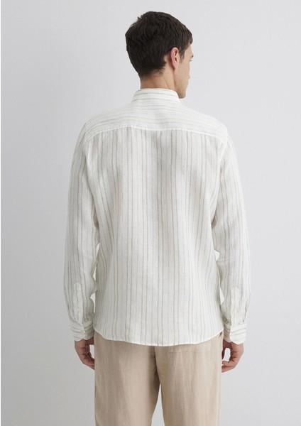 Keten Karışımlı Yeşil Çizgili Ekru Gömlek 0211525-71481 indirimleri