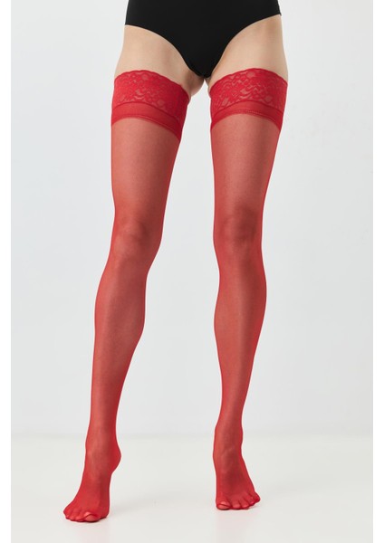 Büyük Beden Silikonlu 15 Denye Jartiyer Çorap Kırmızı