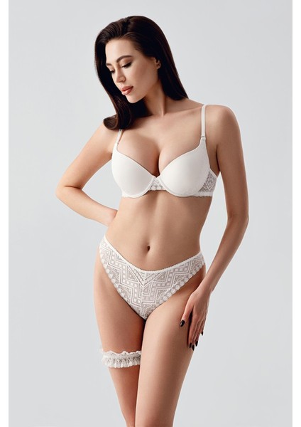 Push-Up Dolgulu Bacak Bantlı Sütyen Takım C14155 Ekru