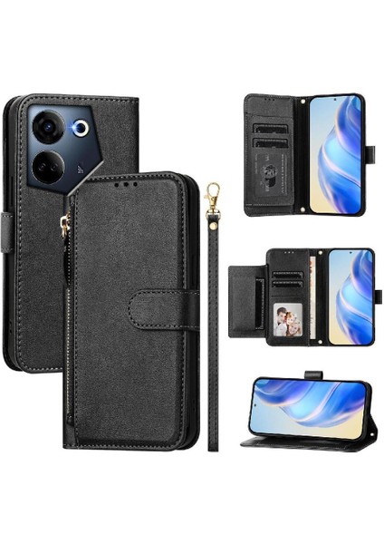 Tecno Camon 20 4g Premium Fermuarlı Deri Çapraz Askılı Uzun Askılı Cüzdan Kılıf Kapaklı Kartlıklı (Yurt Dışından)