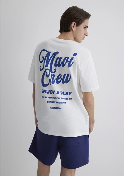 0612667-70057 Mavi Crew Baskılı Ekru Tişört