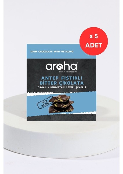 Beşli Avantaj Paket. %70 Kakao Antep Fıstıklı Bitter Çikolata Organik Hindistan Cevizi Şekerli 40 g x 5 Adet