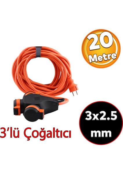 Monofaze Çoğaltıcı Seyyar Topraklı 3'lü Grup Priz Fiş 20 Metre Cca Kablo Uzatma Kablosu 3x2.5 mm