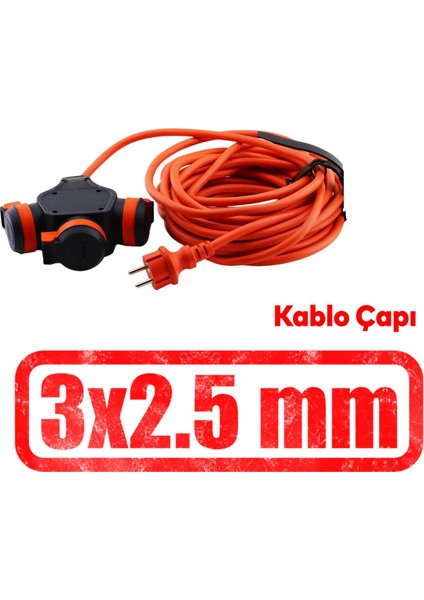 Monofaze Çoğaltıcı Seyyar Topraklı 3'lü Grup Priz Fiş 20 Metre Cca Kablo Uzatma Kablosu 3x2.5 mm
