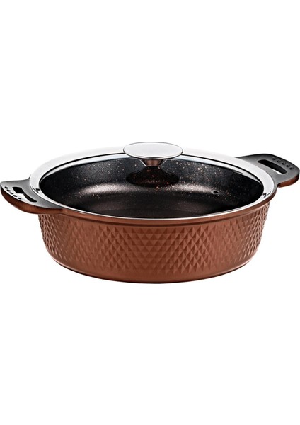 Trıana - 3631 - 2 Parça Biogranit Döküm, Ağır Üstün Kaliteli ve Şık Tasarımlı, 30 cm - 5,3 Litre, Karnıyarık, Pilav Tenceresi Bronz Gövde, Platin Detay