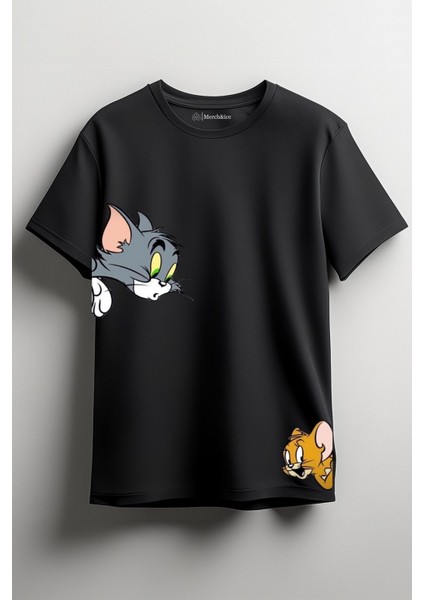 Kedi ve Fare Baskılı Unisex T-Shirt Siyah