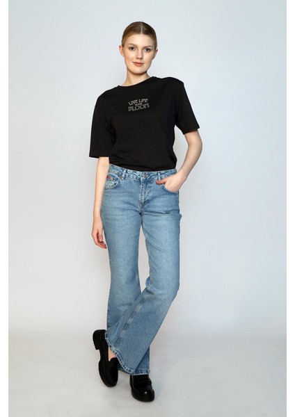 Luna Yüksek Bel Ispanyol Paça Kesim Geniş Paça Mavi Kadın Jean Pantolon