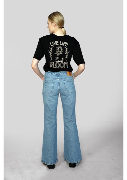 Luna Yüksek Bel Ispanyol Paça Kesim Geniş Paça Mavi Kadın Jean Pantolon fırsatları