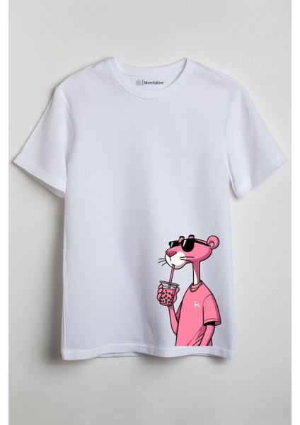 Bubble Teali Cool Panter Baskılı Unisex T-Shirt Beyaz