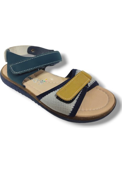 1538-20 Anatomik Çirt Bant Örgü Kumaş Erkek Çocuk Sandalet Lacivert Sari 31-36