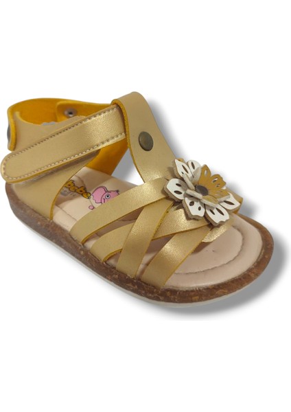 1571-20 Çiçek Deseli Tek Çirtli Kız Çocuk Sandalet Altın 21-25