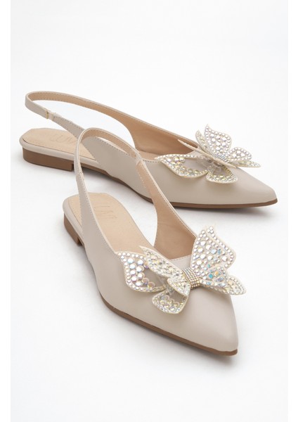 Orıol Bej Cilt Kelebek Taşlı Sivri Burun Arkası Açık Kadın Babet Ayakkabı