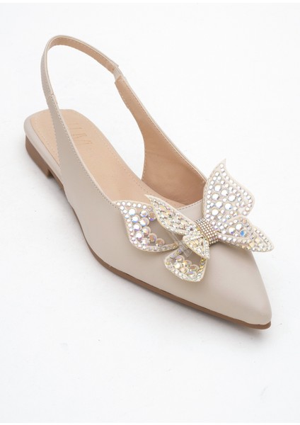 Orıol Bej Cilt Kelebek Taşlı Sivri Burun Arkası Açık Kadın Babet Ayakkabı modelleri