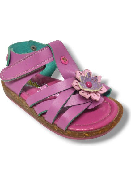 1556-20 Çiçek Deseli Tek Çirtli Kız Çocuk Sandalet Pembe 21-25