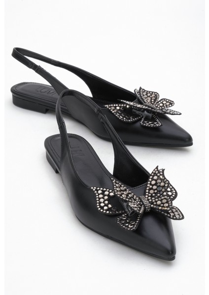 Orıol Siyah Cilt Kelebek Taşlı Sivri Burun Arkası Açık Kadın Babet Ayakkabı