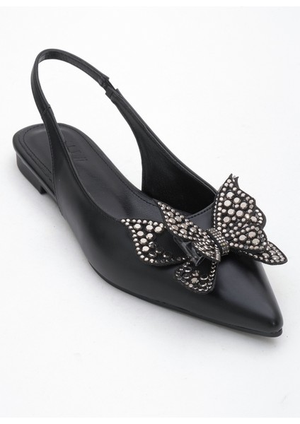 Orıol Siyah Cilt Kelebek Taşlı Sivri Burun Arkası Açık Kadın Babet Ayakkabı modelleri