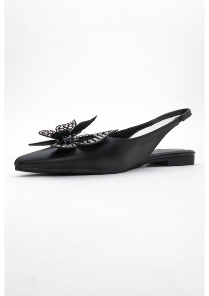 Orıol Siyah Cilt Kelebek Taşlı Sivri Burun Arkası Açık Kadın Babet Ayakkabı fırsatları