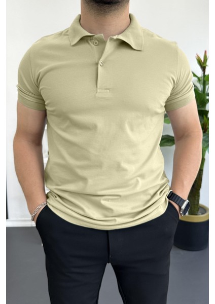 Erkek Slim Fit Düz Renk Pamuklu Soft Polo Tişört Bej EDW365