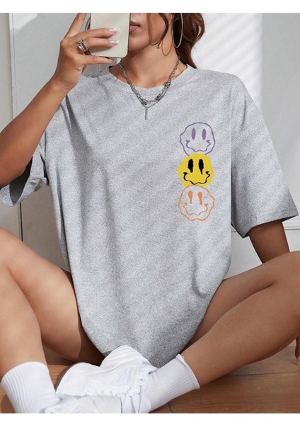 Smile Baskılı Kadın / Kız Oversize Salaş T-Shirt Boyfirend modelleri