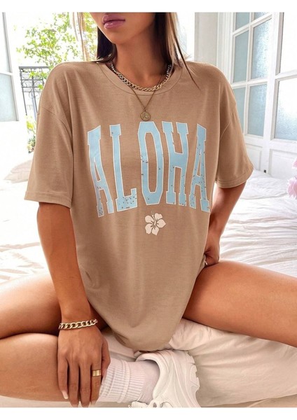 Kadın / Kız Aloha Baskılı Oversize T-Shirt Salaş Boyfirend