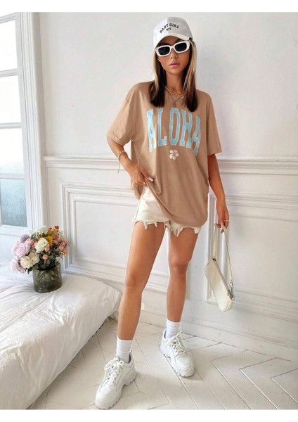 Kadın / Kız Aloha Baskılı Oversize T-Shirt Salaş Boyfirend fiyatları