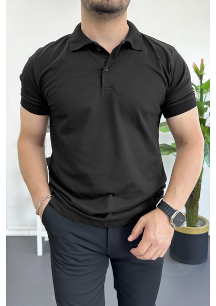 Erkek Slim Fit Düz Renk Pamuklu Soft Polo Tişört Siyah EDW365