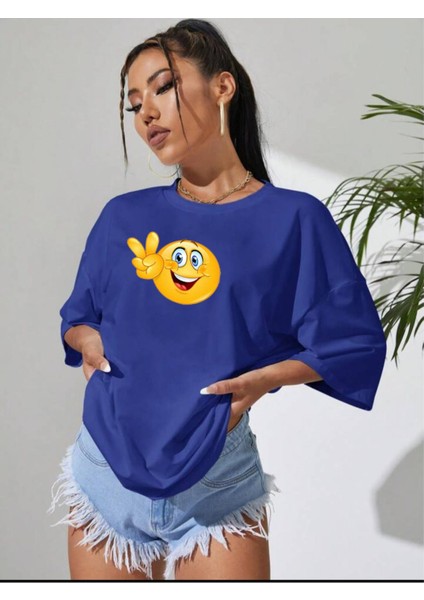 Kadın / Kız Emoji Baskılı Oversize Ünisex T-Shirt Salaş Boyfirend