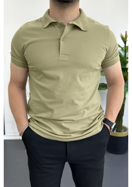 Erkek Slim Fit Düz Renk Pamuklu Soft Polo Tişört Haki EDW365