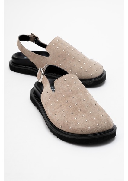 Our Bej Hakiki Deri Süet Zımbalı Burnu Kapalı Kadın Sandalet