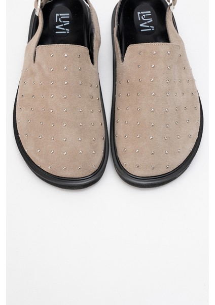 Our Bej Hakiki Deri Süet Zımbalı Burnu Kapalı Kadın Sandalet fiyatları