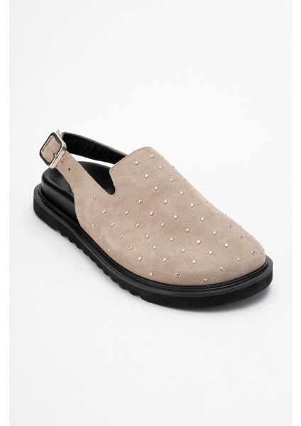 Our Bej Hakiki Deri Süet Zımbalı Burnu Kapalı Kadın Sandalet modelleri