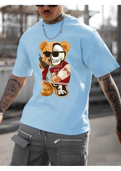 Half Skeleton Bear Baskılı Oversize Erkek T-Shirt Salaş Boyfirend