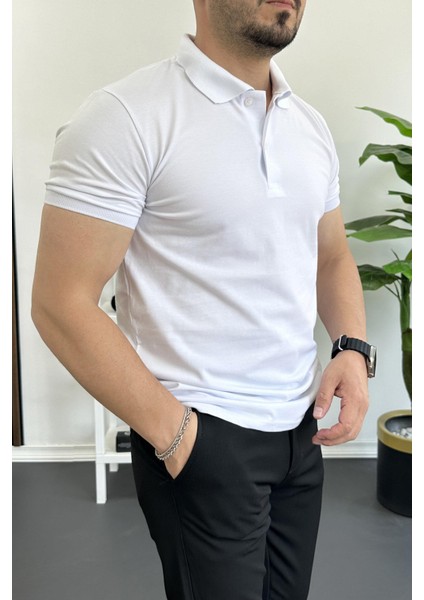 Erkek Slim Fit Düz Renk Pamuklu Soft Polo Tişört Beyaz EDW365 fiyatları