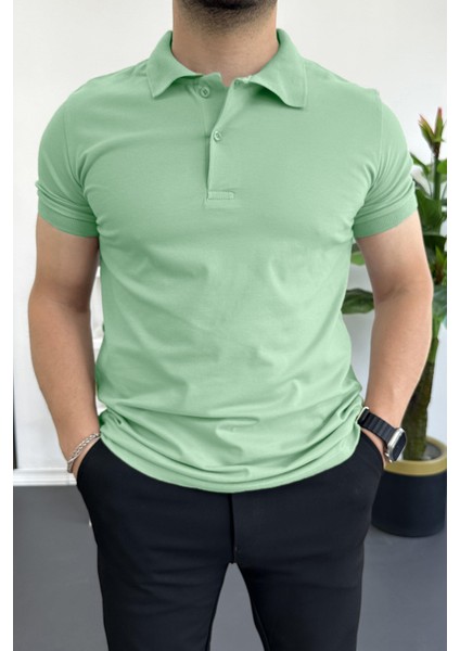 Erkek Slim Fit Düz Renk Pamuklu Soft Polo Tişört Su Yeşili EDW365