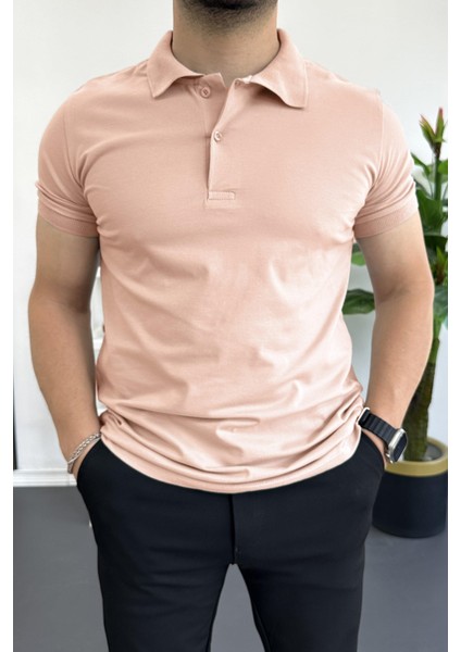 Erkek Slim Fit Düz Renk Pamuklu Soft Polo Tişört Pembe EDW365