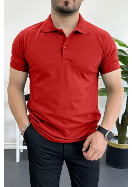 Erkek Slim Fit Düz Renk Pamuklu Soft Polo Tişört Kırmızı EDW365