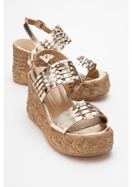 Olien Altın Cilt Hakiki Deri Kadın Dolgu Topuklu Sandalet