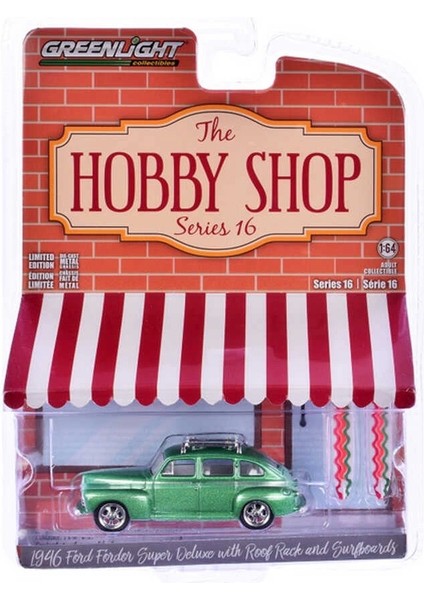 1/64 The Hobby Shop Series 16 - 1946 Ford Fordor Super Deluxe Green Metallic With White Interior And Roof Rack With Surfboards