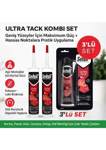 Selsil Ultra Tack 2 Kartuş 280ML + 1 Tüp 60ML Süper Güçlü Yapıştırıcı Seti – Proje & Günlük Kullanım Için Avantajlı Kombin