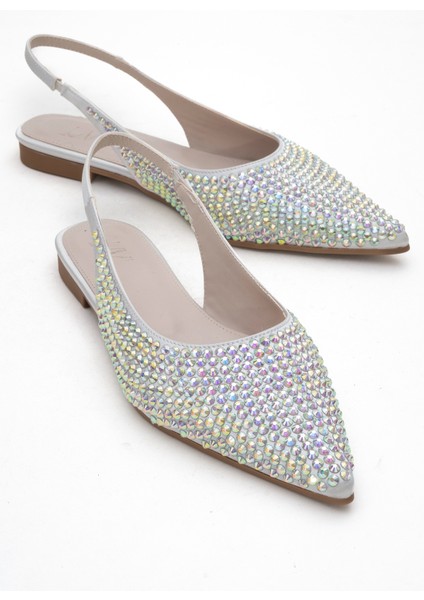 Ida Gümüş Renkli Taşlı Sivri Burun Arkası Açık Kadın Babet Ayakkabı