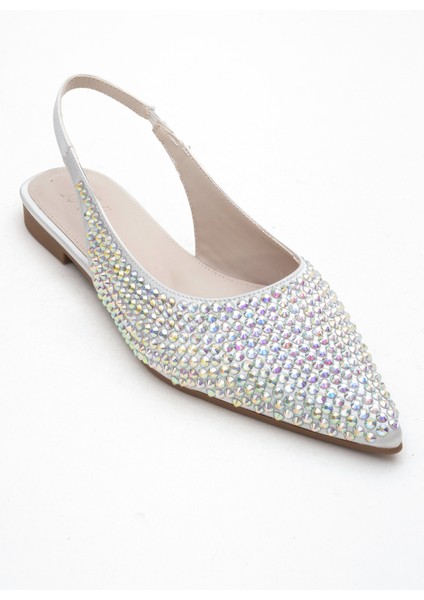 Ida Gümüş Renkli Taşlı Sivri Burun Arkası Açık Kadın Babet Ayakkabı modelleri